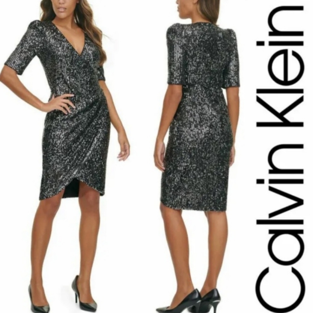 Calvin Klein Silver and Black  Midi Sequin Dress size 6, Very Good Condition.